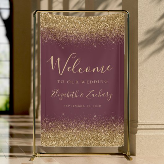 Modern Gold Glitter Dark Burgundy Wedding Welcome Spandoek
