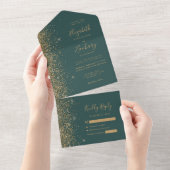 Modern Gold Glitter Dark Green Wedding All In One Uitnodiging (Afscheurbaar)