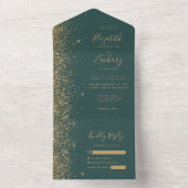 Modern Gold Glitter Dark Green Wedding All In One Uitnodiging (Binnen)