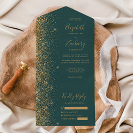 Modern Gold Glitter Dark Green Wedding All In One Uitnodiging