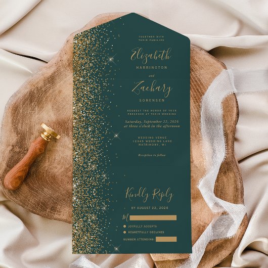 Modern Gold Glitter Dark Green Wedding All In One Uitnodiging