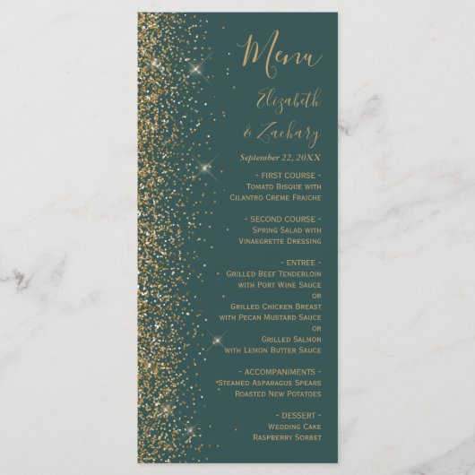 Modern Gold Glitter Dark Green Wedding Menu (Voorkant)
