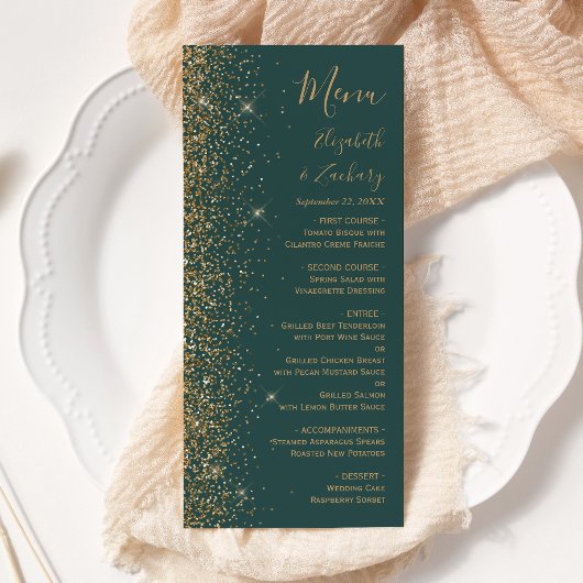 Modern Gold Glitter Dark Green Wedding Menu