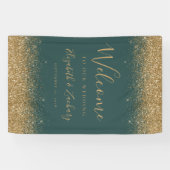 Modern Gold Glitter Dark Green Wedding Welcome Spandoek (Horizontaal)