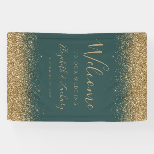 Modern Gold Glitter Dark Green Wedding Welcome Spandoek (Horizontaal)