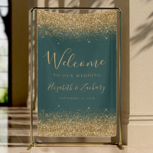 Modern Gold Glitter Dark Green Wedding Welcome Spandoek
