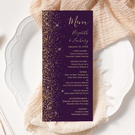 Modern Gold Glitter Dark Paars Wedding Menu