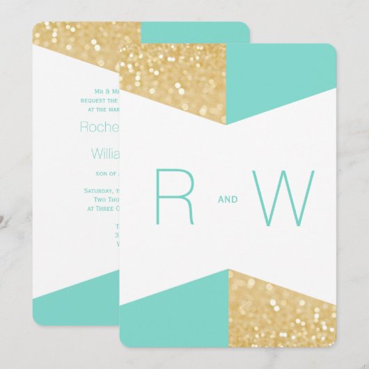 Modern Gold Glitter en Blauwgroen huwelijksuitnodi Kaart (Voorkant / Achterkant)