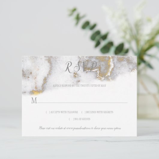 Modern Gold Glitter en Gray Marble Effect RSVP (Staand voorkant)
