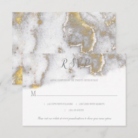 Modern Gold Glitter en Gray Marble Effect RSVP (Voorkant / Achterkant)