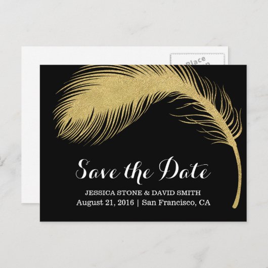 Modern Gold Glitter Feather Wedding Save the Date Aankondigingskaart (Voorkant / Achterkant)