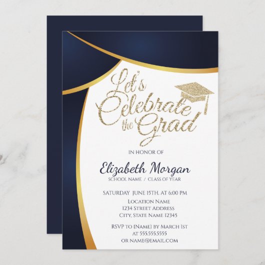 Modern Gold Glitter Graduation Cap, Blue Afstudere Kaart (Voorkant / Achterkant)