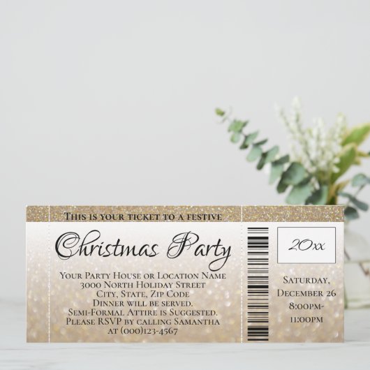 Modern Gold Glitter Holiday Christmas Party Ticket Kaart (Staand voorkant)