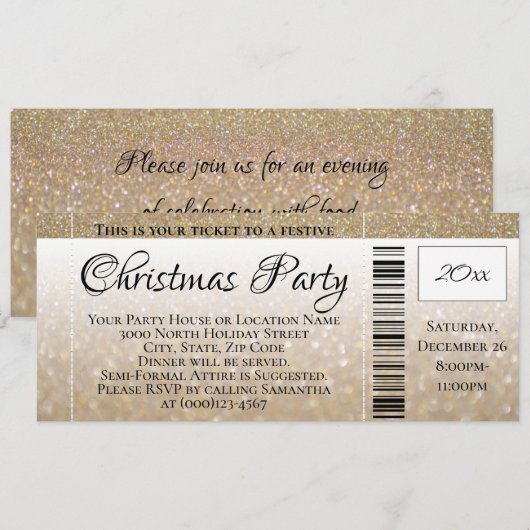 Modern Gold Glitter Holiday Christmas Party Ticket Kaart (Voorkant / Achterkant)