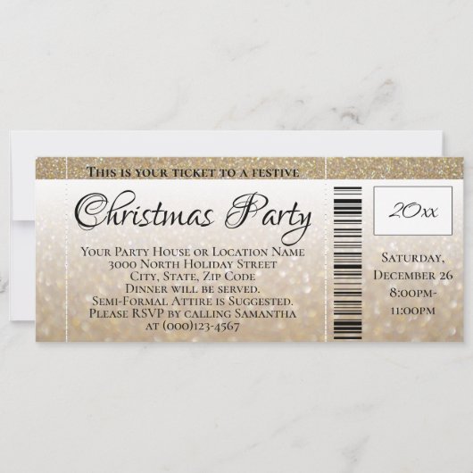 Modern Gold Glitter Holiday Christmas Party Ticket Kaart (Voorkant)