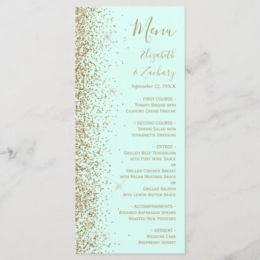 Modern Gold Glitter Mint Green Wedding Menu (Voorkant)