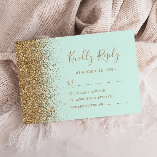 Modern Gold Glitter Mint Green Wedding RSVP Kaartje