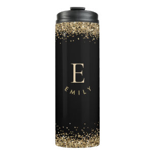 Modern Gold Glitter Monogram initiaal Naam zwart Thermosbeker