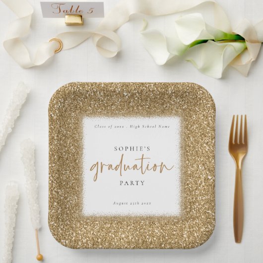Modern Gold Glitter Name Gradution Party White Papieren Bordje (Huwelijk)
