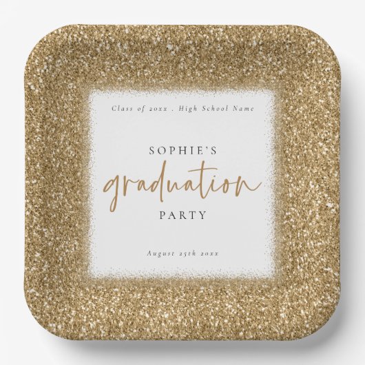 Modern Gold Glitter Name Gradution Party White Papieren Bordje (Voorkant)