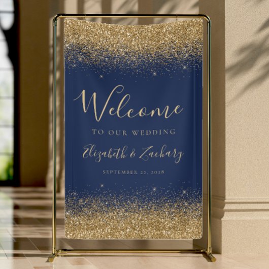 Modern Gold Glitter Navy Blue Wedding Welcome Spandoek