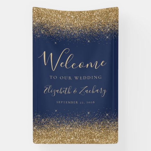 Modern Gold Glitter Navy Blue Wedding Welcome Spandoek (Verticaal)