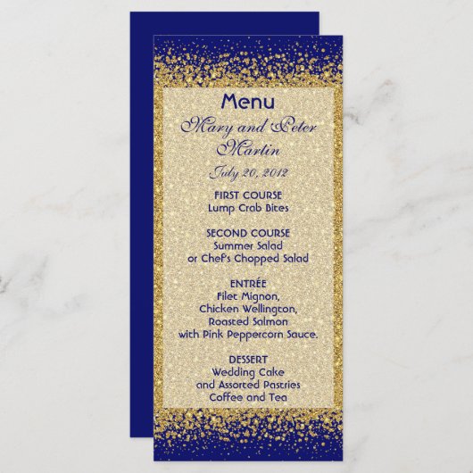 Modern Gold Glitter op Royal Blue Menu (Voorkant / Achterkant)