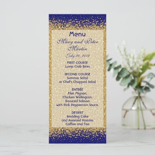 Modern Gold Glitter op Royal Blue Menu (Staand voorkant)