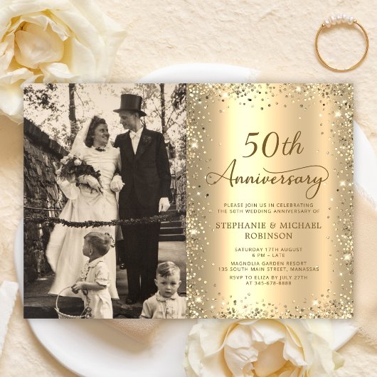 Modern Gold Glitter Photo 50th Wedding Anniversary Kaart