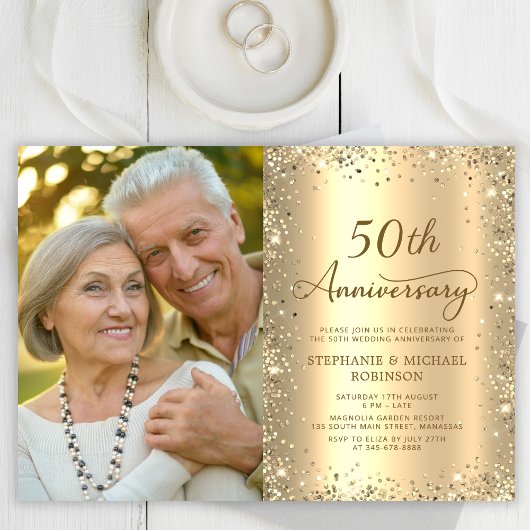 Modern Gold Glitter Photo 50th Wedding Anniversary Kaart