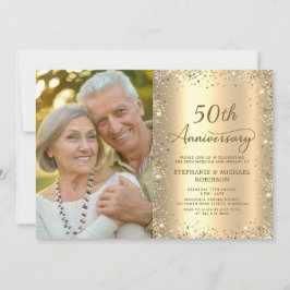 Modern Gold Glitter Photo 50th Wedding Anniversary Kaart