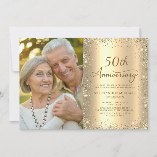Modern Gold Glitter Photo 50th Wedding Anniversary Kaart (Voorkant)