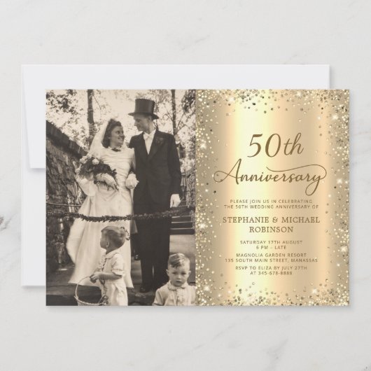 Modern Gold Glitter Photo 50th Wedding Anniversary Kaart (Voorkant)