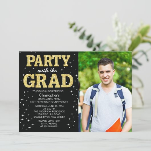 Modern Gold Glitter Photo Gradution Party nodigt u Kaart (Staand voorkant)