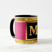 Modern Gold Glitter Pink Linen Monogrammed Mok (Voorkant links)
