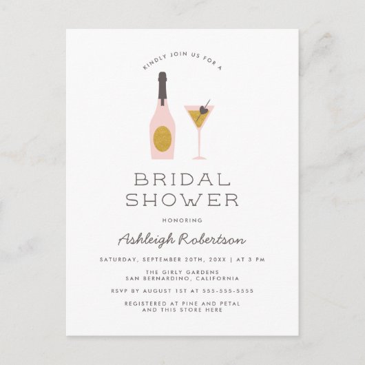 Modern Gold Glitter & Roze Cocktails Vrijgezellenf Uitnodiging Briefkaart (Voorkant)