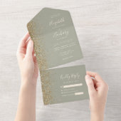 Modern Gold Glitter Sage Green Wedding All In One Uitnodiging (Afscheurbaar)