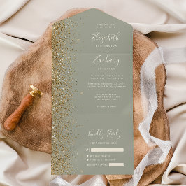 Modern Gold Glitter Sage Green Wedding All In One Uitnodiging