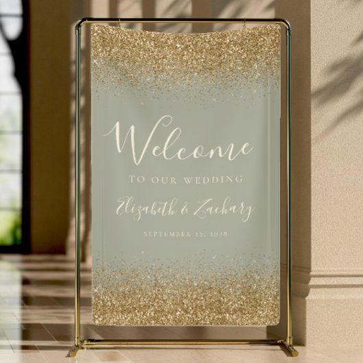 Modern Gold Glitter Sage Green Wedding Welcome Spandoek