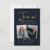 Modern Gold Glitter Script Blue Photo Afstuderen Bedankkaart (Voorkant)