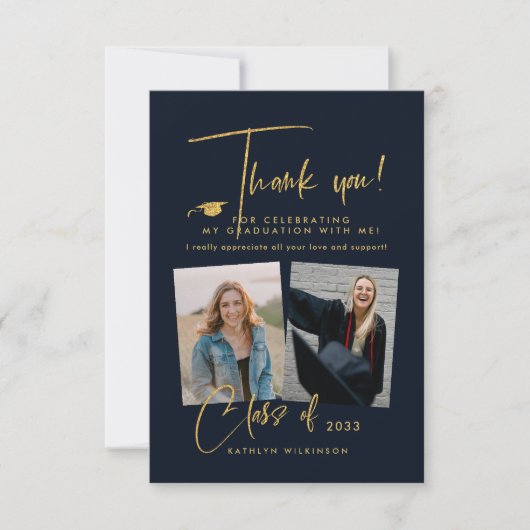 Modern Gold Glitter Script Blue Photo Afstuderen Bedankkaart (Voorkant)