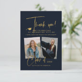 Modern Gold Glitter Script Blue Photo Afstuderen Bedankkaart (Staand voorkant)