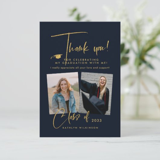 Modern Gold Glitter Script Blue Photo Afstuderen Bedankkaart (Staand voorkant)