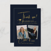 Modern Gold Glitter Script Blue Photo Afstuderen Bedankkaart (Voorkant / Achterkant)