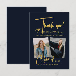 Modern Gold Glitter Script Blue Photo Afstuderen Bedankkaart