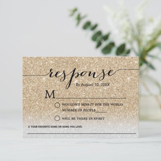 Modern Gold Glitter Song Request Wedding RSVP (Staand voorkant)