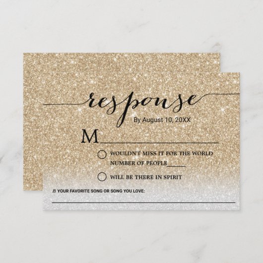 Modern Gold Glitter Song Request Wedding RSVP (Voorkant / Achterkant)