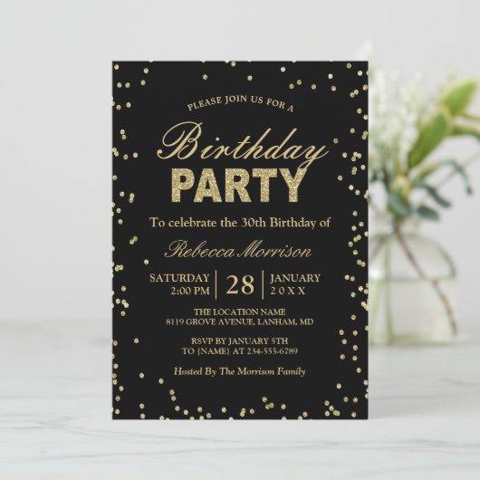 Modern Gold Glitter Sparkles Birthday Party Kaart (Staand voorkant)