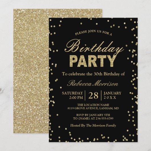 Modern Gold Glitter Sparkles Birthday Party Kaart (Voorkant / Achterkant)