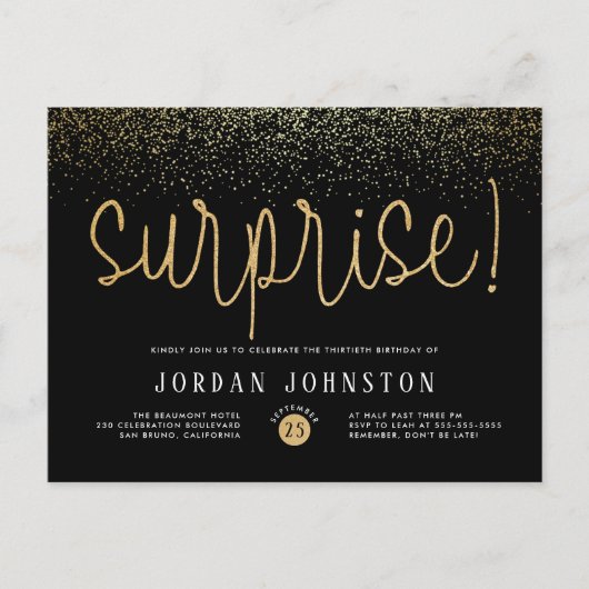 Modern Gold Glitter Surprise Birthday Party Uitnodiging Briefkaart (Voorkant)
